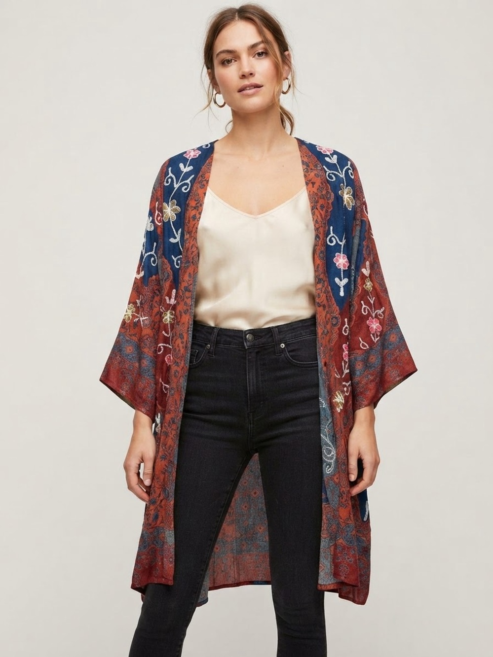 Raj Blue and Coral Floral Rayon Kimono